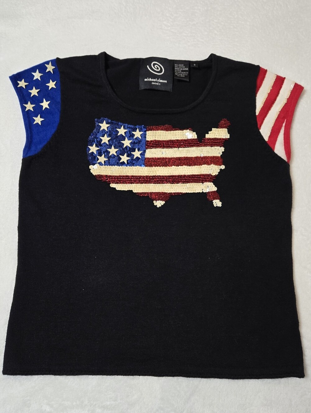 Vintage Michael Simon American Flag Sweater Size Small Short Sleeves Sequins USA